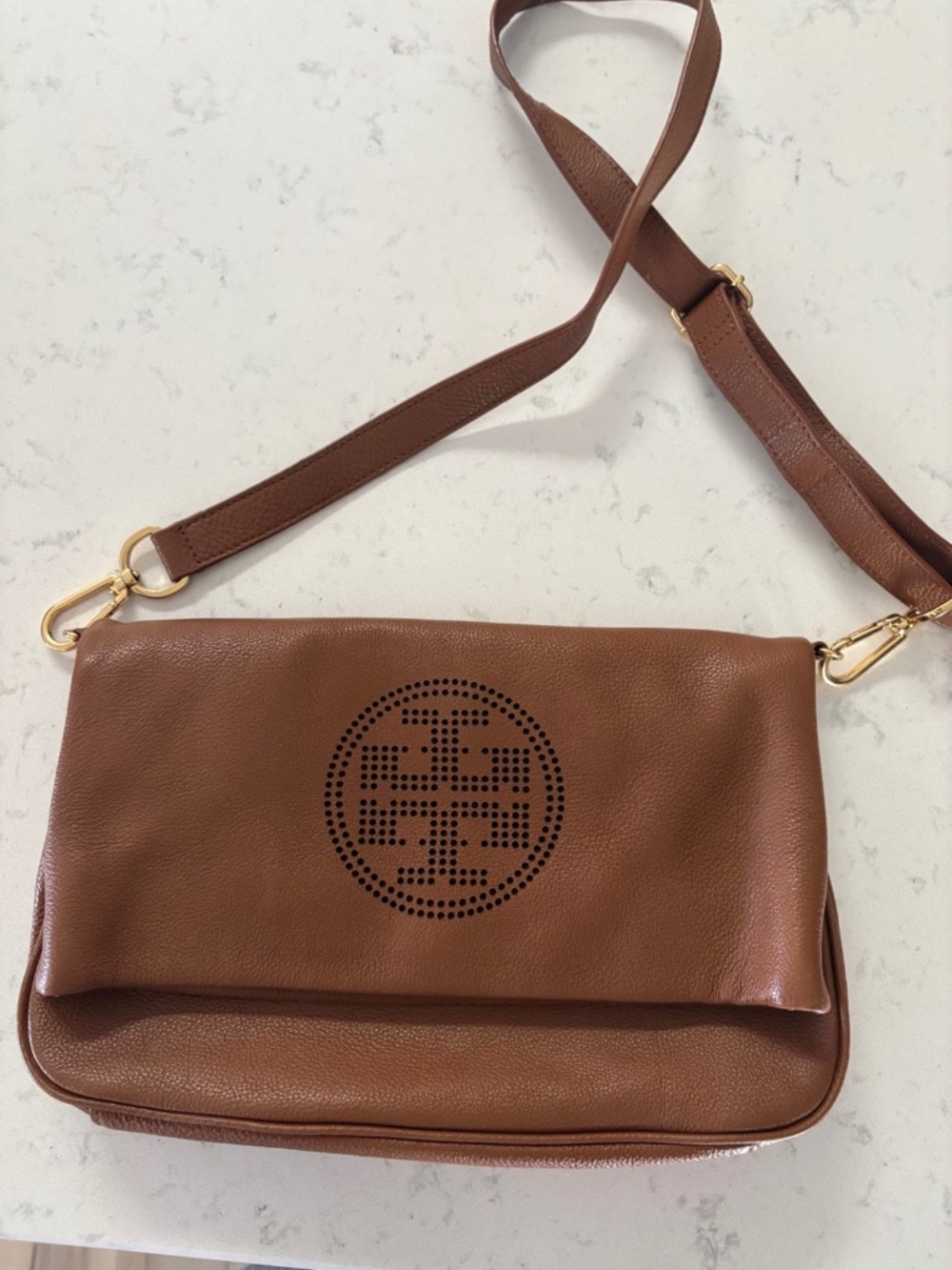 Tory Burch Brown Leather Perforated Logo Crossbody Bag